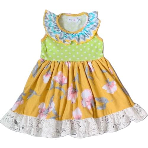 Baby girl summer green polka in green tops with blue ruffle collar floral pattern newest dress with lace