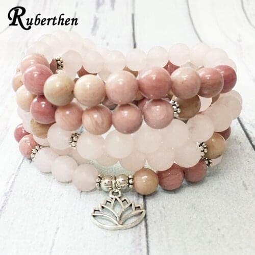 Ruberthen Matte Rose Quart z 108 Mala Bracelet Rhodonite Lotus Charm Necklace Trendy Fashion Yoga Balance Bracelet for Women