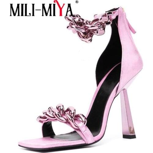 MILI-MIYA Unique Thin High Heels Gladiator Sandals Women Metal Chain Square Toe Summer Back Zip Party Dancing Shoes Plus Size 43