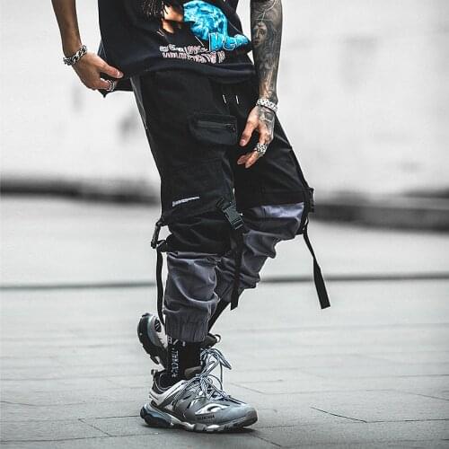 High Street Stylish Casual Side Pockets Mens Cargo Jogger Trousers Hip Hop Ribbons Color Patchwork Male Pencil pants Streetwear