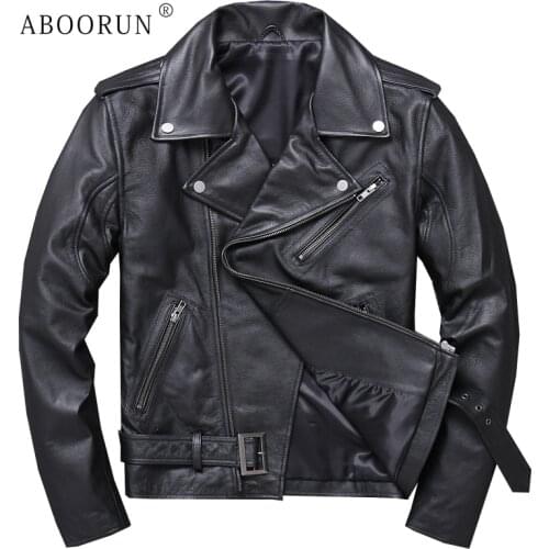Mens Genuine Leather Jackets Black Cowhide Motorcycle Jackets Spring Autumn Leather Coat for Male
