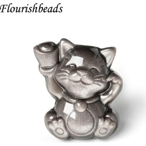 Natural Sivery Obsidian Cute Fortune Cat Gemstone Pendant Fit Necklace Buddhism Religion Accessories 5pcs / Lot