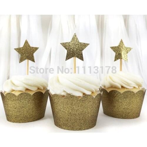 Cheap cupcake wrapper Laser-Cut Cupcake Wrappers Birthday Party holders with gold star Glitter Cupcake Toppers Supplies