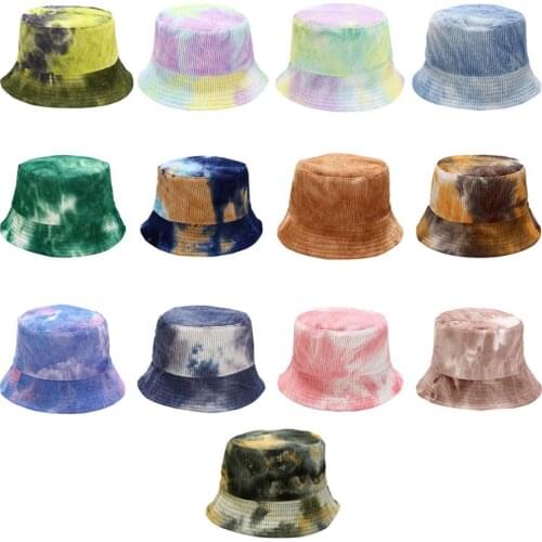 Women Autumn Corduroy Striped Sunscreen Bucket Hat Gradient Tie-Dye Reversible Double Sided Wear Packable Hip-Hop Panama Fisherm