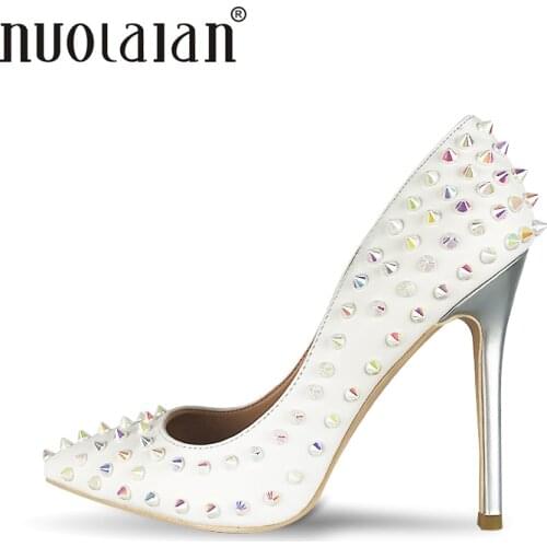 Sexy Women Shoes High Heel Pumps White Shoes Woman Designer Heel Pointed Stiletto Party Shoes Sexy High Heel Rivets Shoes