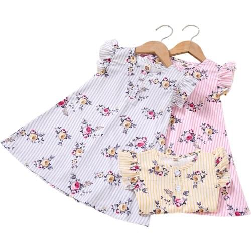 Baby Girls Dresses Summer Kids Short Sleeve Cute Stripe Floral Print O-neck A-line Dress Summer Princess Dresses for Girls