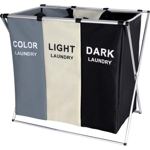 Laundry Cloth Hamper Sorter Basket Bin Foldable 3Sections with Aluminum Frame Washing Storage Dirty Clothes Bag for Bathroom