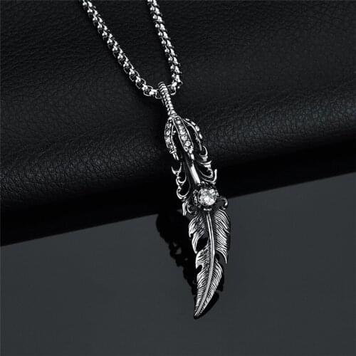 Feather Pendants Necklaces White Rhinestone Men Stainless Steel Necklace Hiphop/Rock Style Jewelry