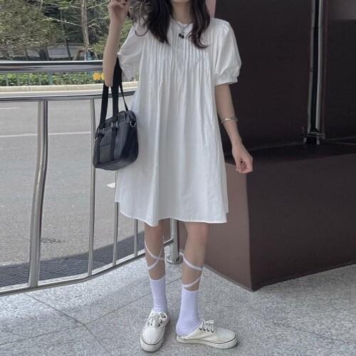 Japanese Sweet Girly Casual Shirt Dress Women Solid Single-Breasted Loose Dress Summer Black White Puff Sleeve Dresses 2021