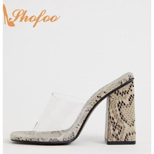Snake Pattern PVC High Chunky Heels Sandals Woman Slip On Slides Slippers Large Size 11 15 For Ladies Clear Shoes Fashion 2021