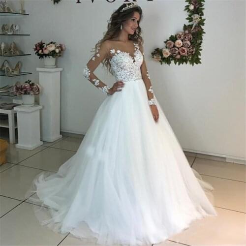Sexy Illusion Scoop Long Sleeve Wedding Dresses Lace Appliques Sheer Back White/ Ivory Tulle Wedding Dress Lace Wedding Gowns