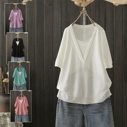 Oversized Loose Knitted Women T-Shirts Summer 2021 Solid Fake Two Pieces V-Neck Elegant Female Pulls Outwear Tops Tees