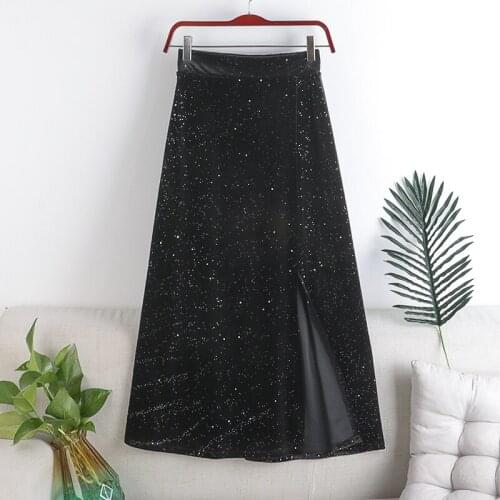 Autumn And Winter New Style High Waist Shows Thin And Elastic Waist Sequin Velvet Split Hem Skirt