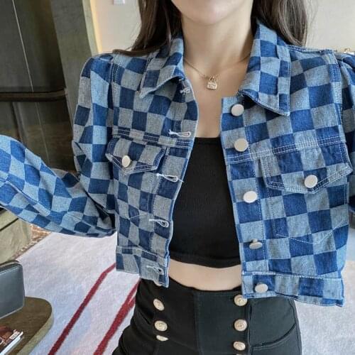 2021 New Autumn Fashion Plaid Denim Women Jacket Coat Female Full Sleeve Loose Streetwear Button All-match Casual Short Outwear