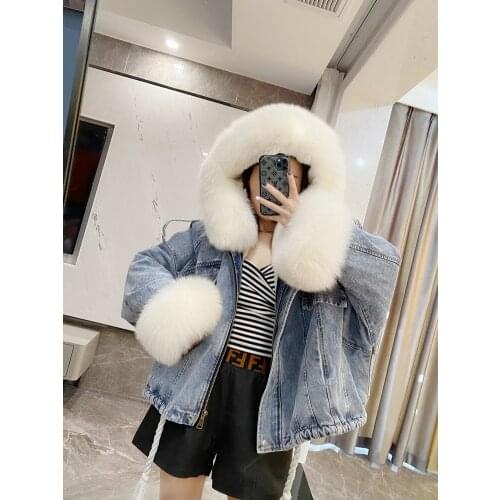 Women denim Parkas Winter t Real Fox Fur Collar Cuffs Rabbit Lining Warm Loose Outerwear Streetwear Removable2020 new cowboy