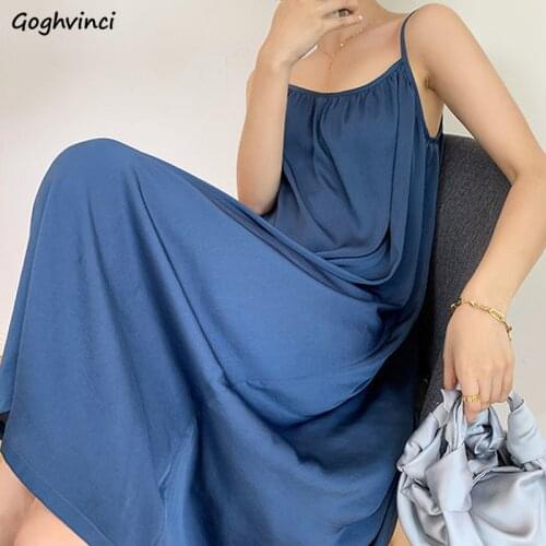 Sleeveless Dress Women Loose Solid All-match Backless Spaghetti Strap Mid-calf Dresses Female Elegant Trendy Summer Temperament
