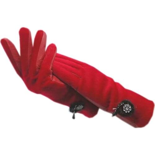 Winter ladies wrist fashion sheepskin gloves red leather ladies new warm AB gloves autumn driving fleece lining fake sea lion ha