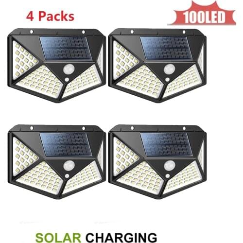 100 LED Solar Light Outdoor Waterproof LED Lamp Security Lighting Wall Sconces with Mounting Pole for Barn Porch Garage 4 sided