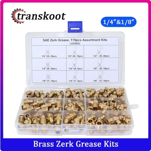 115pcs Assortment Kits of Hydraulic Lubrication Brass Zerk Grease Nipple Fitting for Oil Gun, SAE Standard