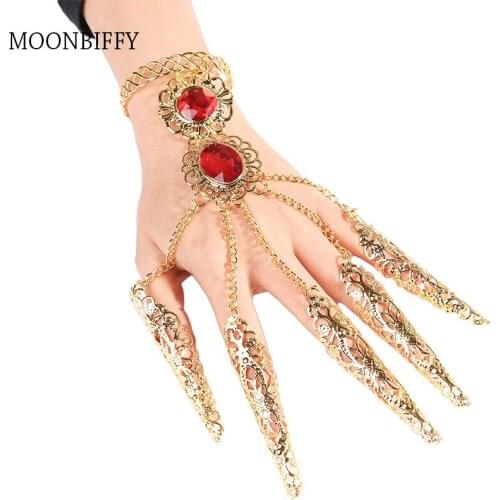 2021 Indian Thai Golden Finger Bracelet Shining Red Crystal Girls Belly Dance Bracelet Jewelry