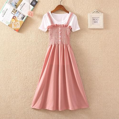 2021 New Women Summer Elegant Suits Solid Color Strap Camis A-line Dress + Short Sleeve T Shirts Outfit Female 2 Piece Sets Q66