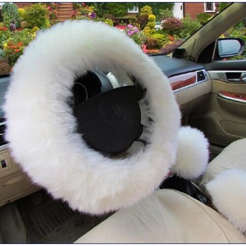 3pcs Soft Winter Long Plush Warm Car Steering Wheel Cover Furry Handle Sleeves Woolen Handbrake Auto Accessories Black