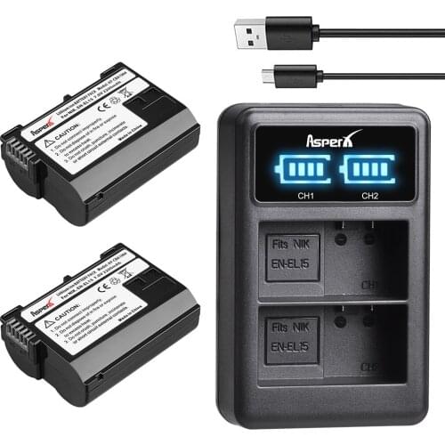 AsperX 2Pcs EN-EL15 EN EL15 ENEL15 Battery + LED Dual USB Charger for Nikon DSLR D600 D610 D800 D800E D810 D750 D7000 D7100 V1