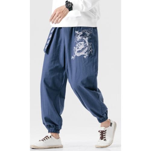 Mens Dragon Embroidery Trousers Korean Style Casual Harem Pants Men 2021 Autumn With Belt Loose Oversize Man Pants