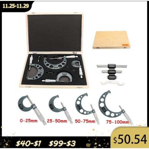4pcs Outside Micrometer Set Machinist Tool 0-4" 0-100mm 4 Precision 0.01mm Accuracy Carbide Micrometer Set