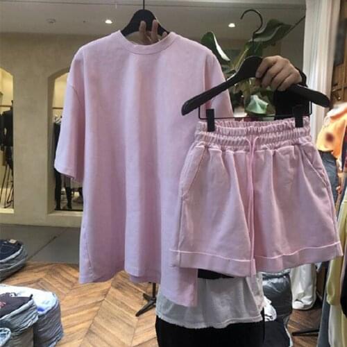 Fashion Korean Womens tracksuit O-neck Short Sleeve Solid Tshirt Tops + Casual Drawstring Shorts Sports Suit Female Shorts Sets