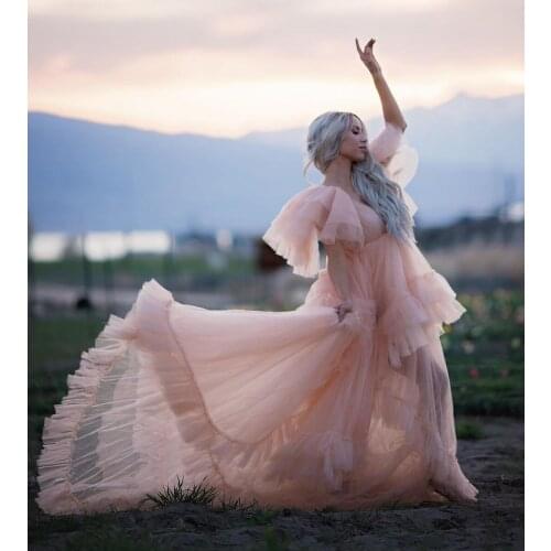 Soft Tulle Robes V-Neck Asymmetrical Tiered Evening Gowns Maternity Dress for Babyshower or Photoshoot Party Dresses 2022