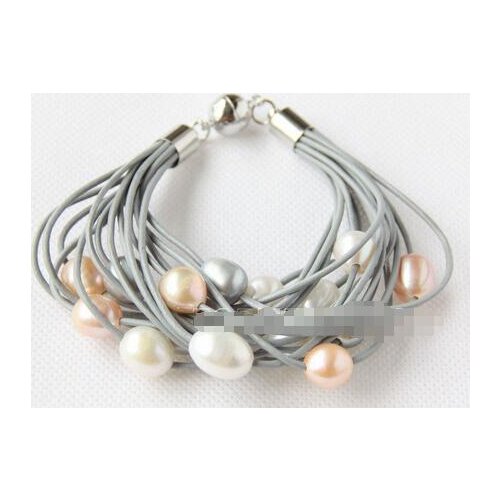 New hot 15Strands white gray pink freshwater pearls gray leather bracelet
