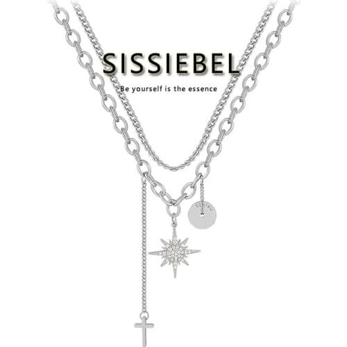 High Sense Double Layered Stacked Cross Star Tassel Necklace Korean Fashion Jewelry For Girls Sexy Clavicle Chain Accessories