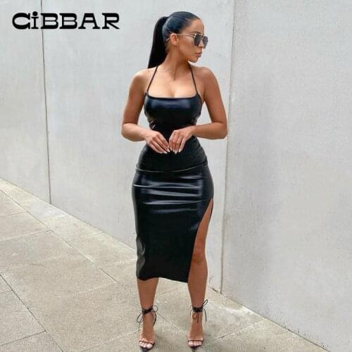 CIBBAR Solid Color PU Leather Sexy Bodycon Halter Midi Dress Women Backless Bandage Elegant Club Partywear Sleeveless Dresses