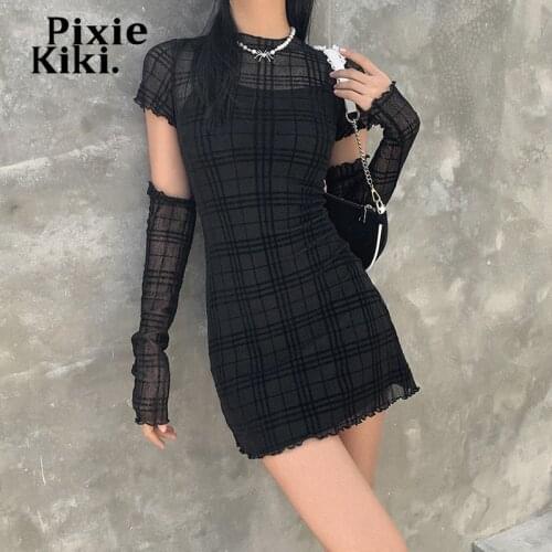PixieKiki Black Mesh Plaid Dress 3 Piece Set Dark Academia Mall Goth Sexy Bodycon Mini Dress Egirl Style Clothes P94-CH29