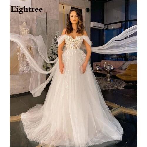 Eightree Ivory Long Wedding Dresses Boho Flower Off Shoulder Beach Floor Length Pleasted Wedding Party Gowns Vestidos De Novia