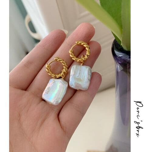 PerisBox Detachable Twisted Huggie Earring Square Natural Baroque Pearl Drop Earrings Trendy Statement Unusual Dangle Earrings