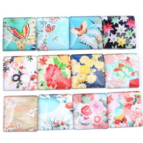 Onwear mix flower butterfly photo glass square cabochon 25mm 20mm 30mm 12mm diy flat back accessories for jewelry making