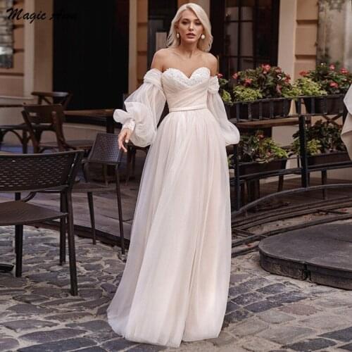 Magic Awn Full Puffy Sleeves Boho Wedding Dresses Off The Shoulder Lace Appliques Beach Bridal Gowns A-Line Vestidos Branco