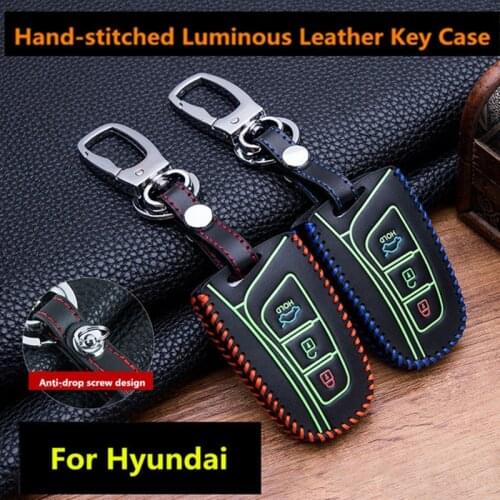 Luminous Remote Smart Car Key Case For Hyundai Fob IX45 Santa Fe Tucson Leather Car Keychain Keyring Key Holder Cover Bag Shell