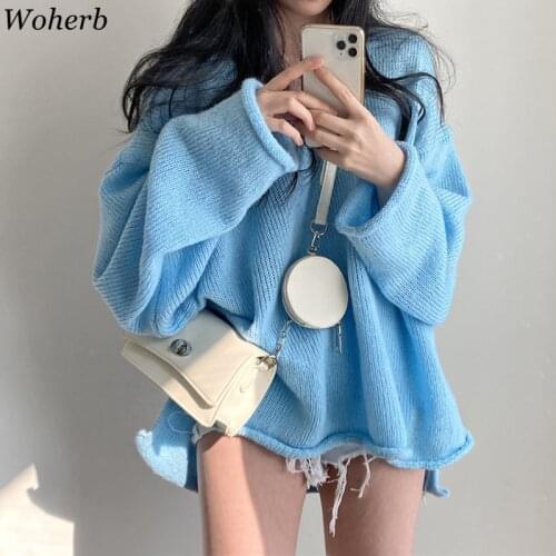 Woherb Fashion Korea Chic Blue Knitted Pullovers Women Autumn 2021 New V-neck Loose Long Sleeve Sweater Top Female Jumper
