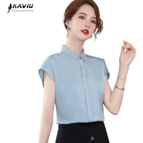Light Blue Shirt Women Design Summer High End Chiffon Temperamet Formal Short Sleeve Blouses Office Ladies Work Tops