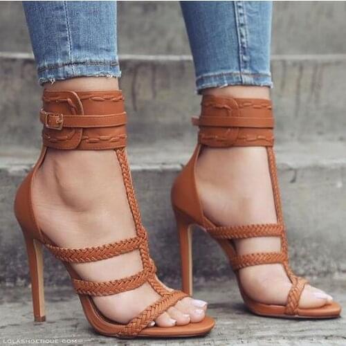 Summer New Brand Women Brown Beige Black Knitted Ropes Open Toe Buckle Strap High Heel Sandals Sexy Party Stiletto Heels Sandals