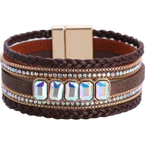 Leather Bracelets for Women Rhinestone Crystal Metal Charm Wide Multilayer Wrap Bracelets & Bangles Jewelry