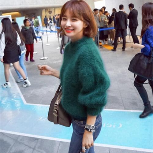 Ladies White Mohair Thicken Turtleneck Sweater Autumn Winter Sweet Fashion Lantern Sleeve Casual Solid Color Pullover Pull Femme