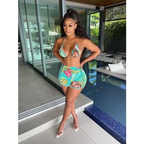 2021 Best Quality Famous Brand 2 pcs Women Set Print Halter Strapless Short Tops Mini Dress Summer Beach Outfits