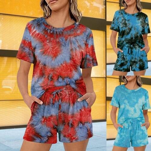Women Tie Dye Outfit Two Piece Sets Women Short Sleeve Top And Drawstring Shorts Matching Set Summer Athleisure Sport Outfits