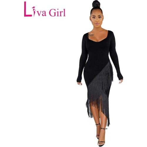 LIVA GIRL Sexy Black/Red Fringed High-low Midi Dress Women Tassel Square Collar Glove Long Sleeve Party Dresses 2019 Slim Female