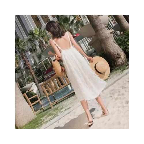 2019 Women New Fashion Dresses Strappy-backless Women Beach Fashion Long White Dress Tassels Sexy Party Dress Free Shipping