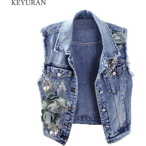 Spring New Women Basic Denim Vest Coat Fashion 3D Flower Embroidery Sleeveless Jeans Vest Jacket Tops Loose Cowboy Waistcoat